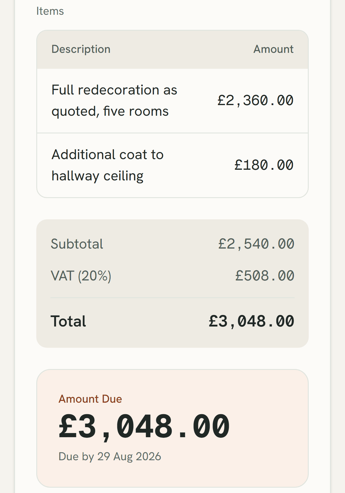 Customer invoice page from decorators invoicing software, itemised to a VAT total with the amount due and a due date.