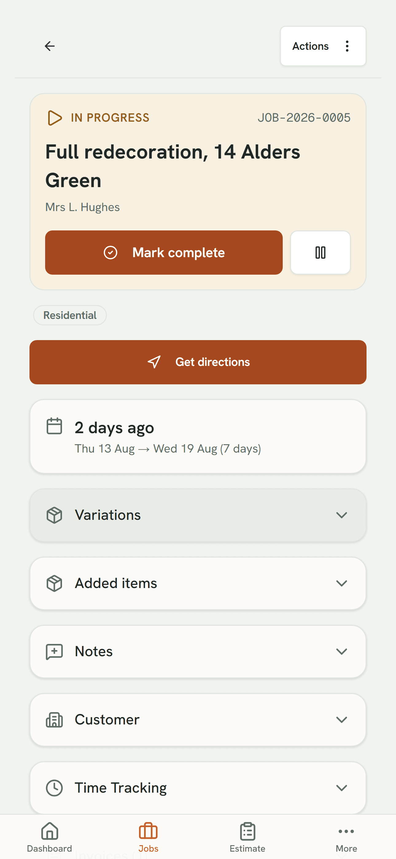 Job screen in decorating job software showing an in progress redecoration with mark complete, get directions and the job dates.