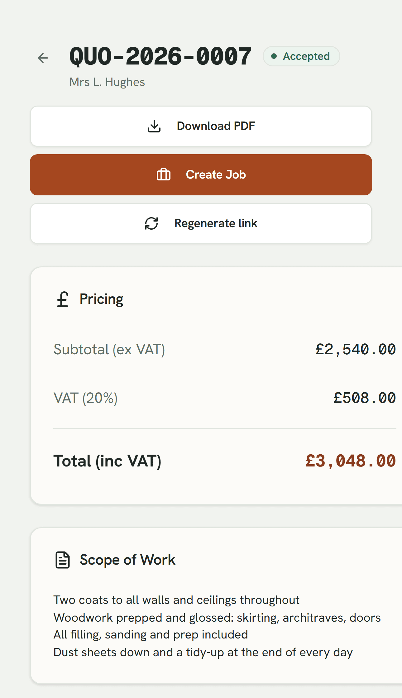 Accepted decorating quote on a phone, showing the pricing card, the scope of work and a button to turn the quote into a job.
