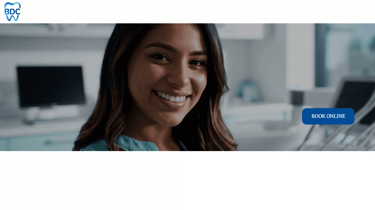 Bordon Dental Centre hero: smiling patient with a clear Book Online CTA, BDC tooth-mark logo top-left.