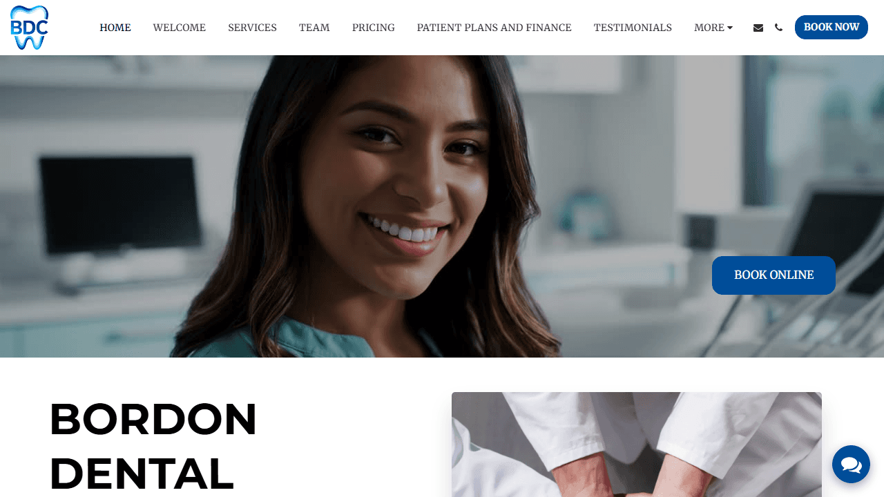 Bordon Dental Centre homepage hero — smiling patient in a dental chair with the Book Online call-to-action visible.