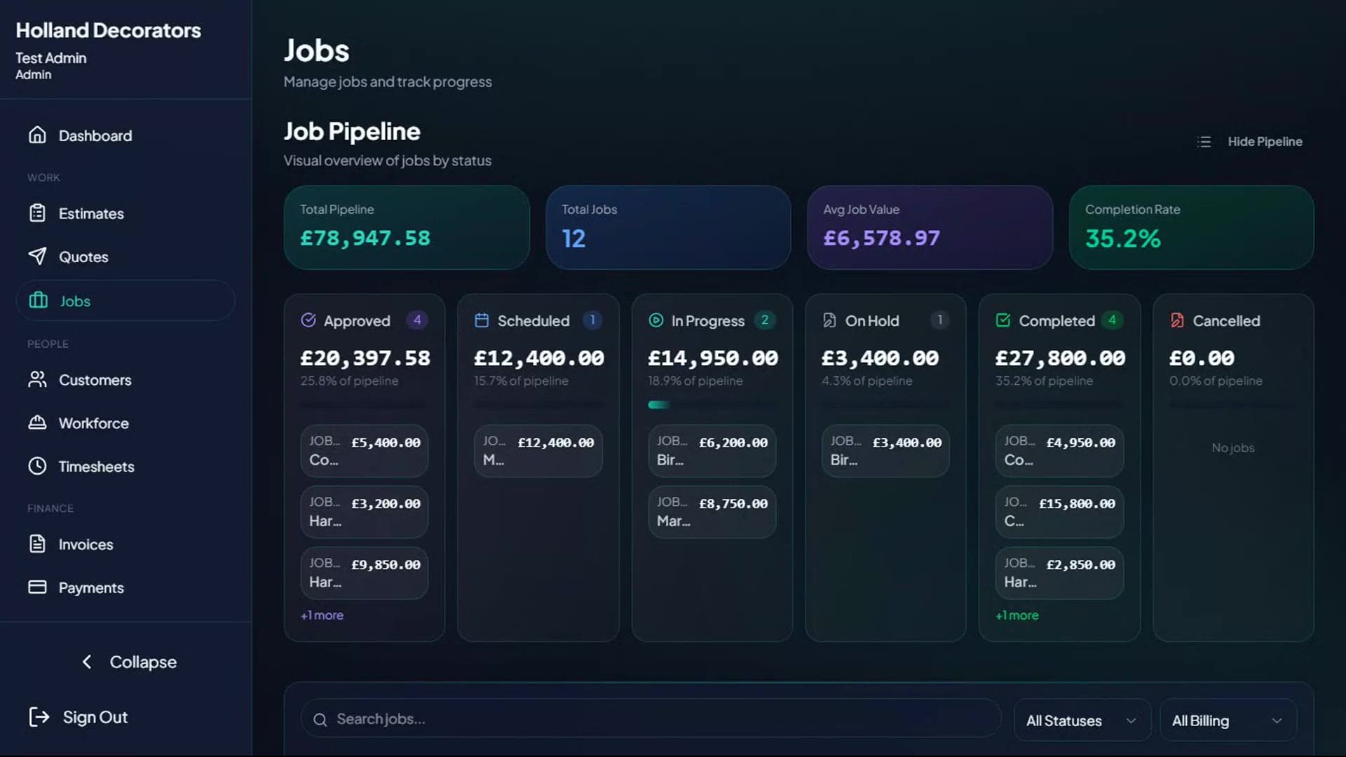 Holland Decorating's job pipeline: total pipeline value, number of jobs and average job value, with jobs sorted into approved, scheduled, in progress, on hold, completed and cancelled.