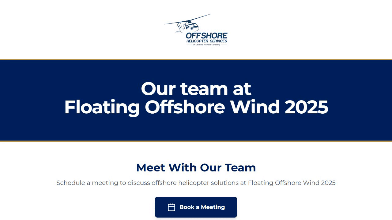 Conference app hero with the OHS helicopter logo, a navy band reading 'Our team at Floating Offshore Wind 2025', and a 'Book a Meeting' CTA.