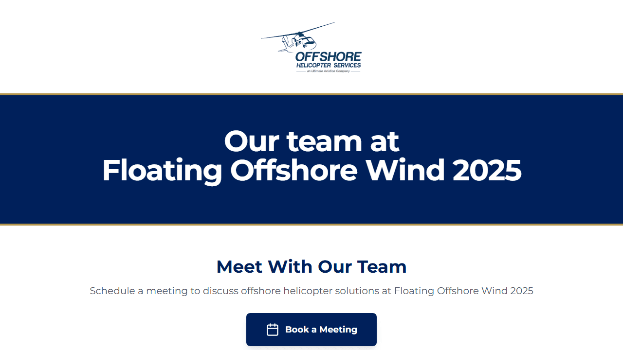 Meet the Team conference app homepage — OHS branding, a navy hero band reading 'Our team at Floating Offshore Wind 2025', and a 'Book a Meeting' CTA.