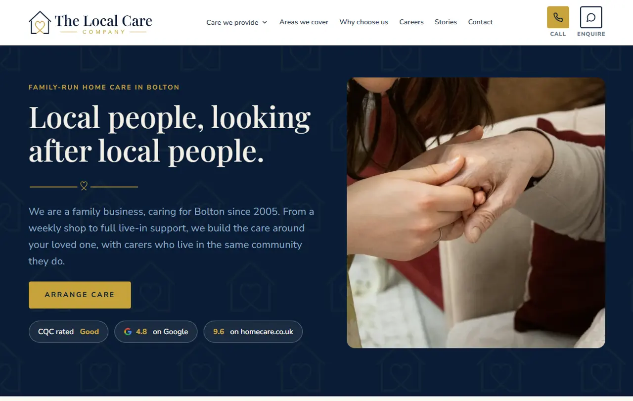 The Local Care Company's new homepage: 'Local people, looking after local people.' with an Arrange care button.